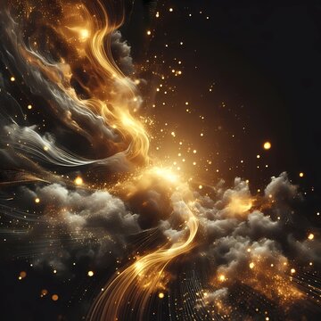 Luxury high tech futuristic vitual factual digital fluid wave galaxy background featuring golden glowing particles cloud 