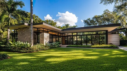 A contemporary house with a flat roof, oversized windows, and a lush, well-kept lawn, highlighting simplicity and elegance in modern living.  