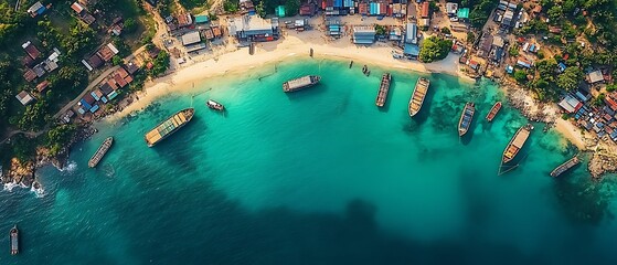 An aerial view of boats along a tropical coastal shoreline