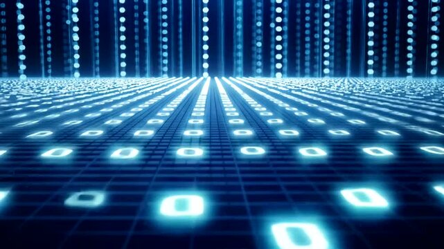 Futuristic digital landscape with glowing blue grids and binary code in a virtual space