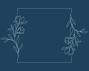 Floral and square hand drawn style. Floral navy frame of twigs, leaves and flowers. Frames for the Valentine's day, wedding decor, logo and identity template.