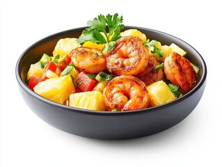 Delicious grilled shrimp salad with pineapple and bell peppers in a sleek black bowl.
