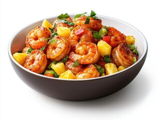 A vibrant bowl of shrimp stir-fry with pineapple and colorful vegetables.