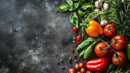 Vibrant Vegetables and Herbs on Dark Background: A Culinary Delight