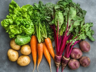 Fresh, vibrant assortment of root vegetables and leafy greens.  A collection of carrots, lettuce, potatoes, and beetroot, arranged beautifully on a textured surface