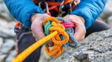 Vibrant Climber Holding Colorful Knots of Rope on Rocky Terrain