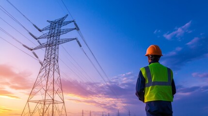 Worker Observes High Voltage Power Lines During Colorful Sunset