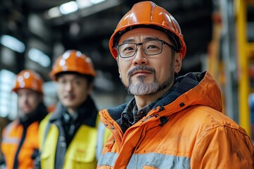 Confident Mature Asian Male Construction Worker in Hard Hat and Safety Gear