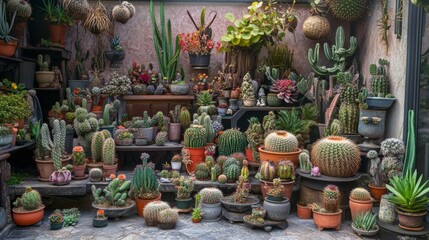 13.Modern composition of home garden filled with a lot of beautiful plants, cacti, succulents, air plants in different design pots. Stylish botany interior. Home gardening concept
