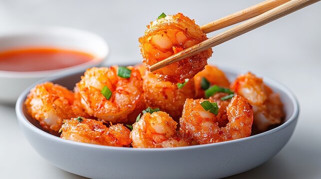 Delicious crispy shrimp with spicy sauce, garnished with green onions.