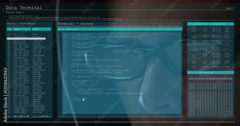 Poster image of data processing on computer screens over male hacker in hood