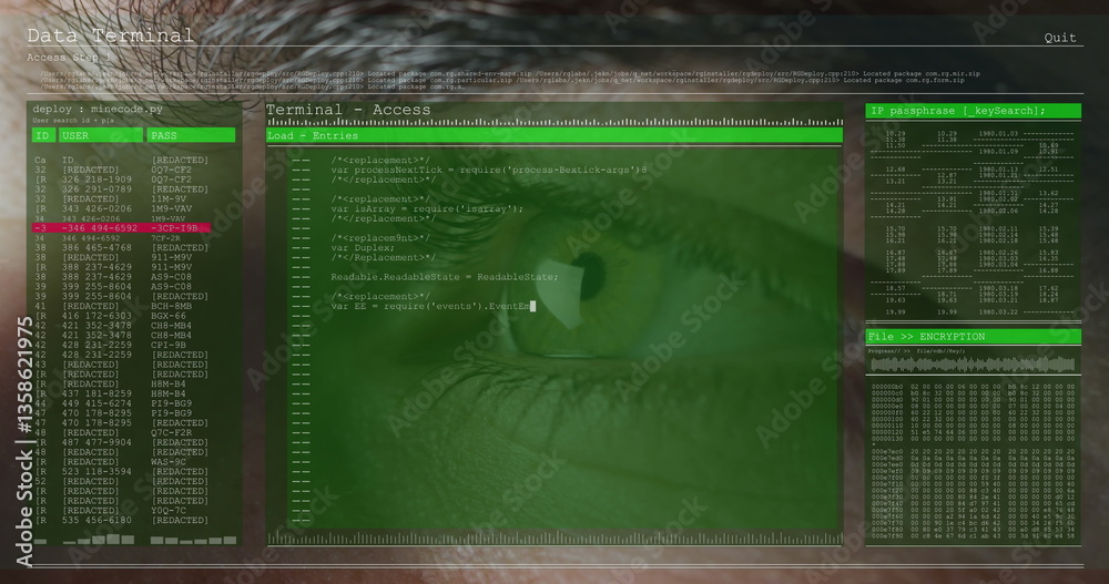 Poster image of data processing on computer screens over close up of man's eye blinking