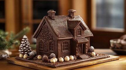 A delectable chocolate house with a rich cocoa finish, piped details on the roof, and a foundation of dark and milk chocolate layers 