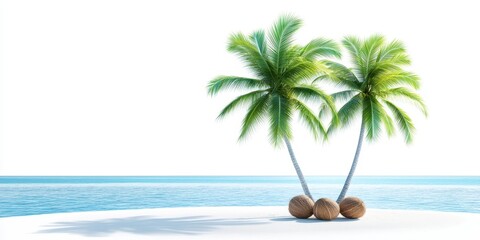 Obraz premium Two palm trees on a serene beach with clear blue water in the background.
