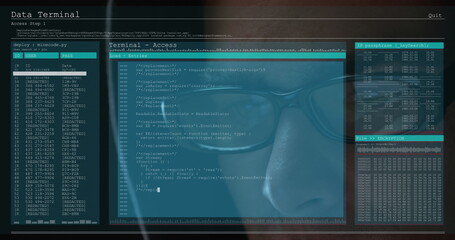 Image of data processing on computer screens over male hacker in hood