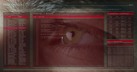 Image of data processing on computer screens over close up of man's eye blinking