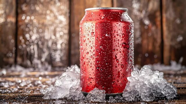 Chilled soda can on crushed ice against a rustic wooden background