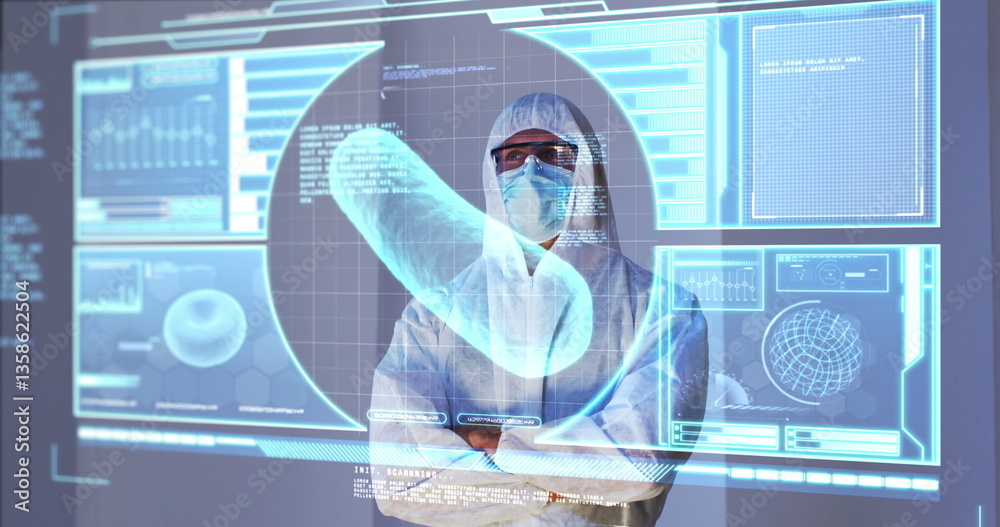 Poster image of scientist standing behind interactive screen with medical data processing