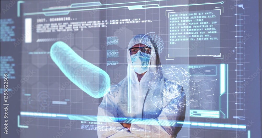 Poster image of scientist standing behind interactive screen with medical data processing