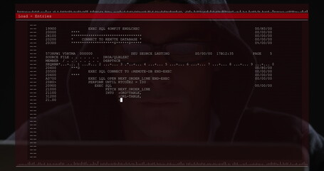 Image of data processing on computer screen over male hacker using computer