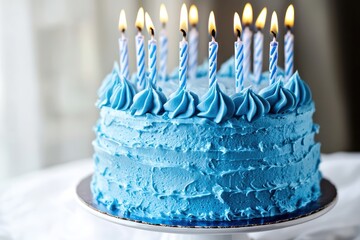White backdrop highlights a blue birthday cake with candles.