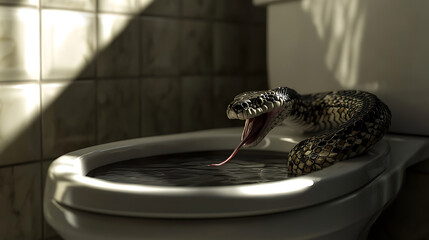 Snake Inside Toilet Bowl With Open Mouth And Tongue Extended In Bathroom With Light And Shadow