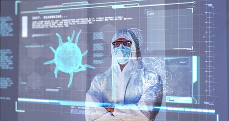 Image of male scientist behind digital screen with covid 19 cell and medical data