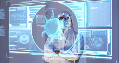 Image of male scientist behind digital screen with covid 19 cell and medical data