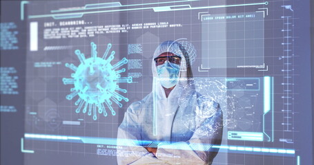 Image of male scientist behind digital screen with covid 19 cell and medical data