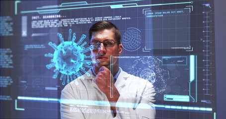 Image of male scientist behind digital screen with covid 19 cell and medical data