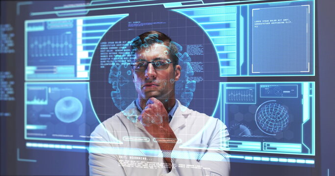 Image of male scientist behind digital screen with covid 19 cell and medical data
