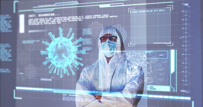 Image of male scientist behind digital screen with covid 19 cell and medical data - Powered by Adobe