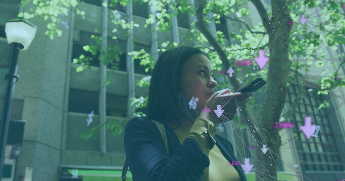 Globe of network of connections against woman with lowered face mask talking on smartphone - Powered by Adobe