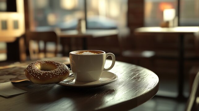 49.Cup of coffee and bagel on a table in a cafe