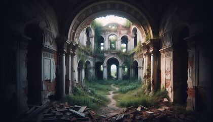 Fototapeta premium A crumbling archway its keystone precariously balanced frames a