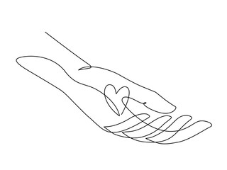 Continuous line drawing of human hand holding heart in  sharing concept, editable stroke.