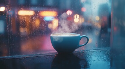 55.Steaming coffee cup on a rainy day window background