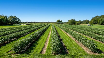 A lush organic farm with rows of crops under a clear blue sky, advertising style, copy space. Product photography with high resolution, advertising style
