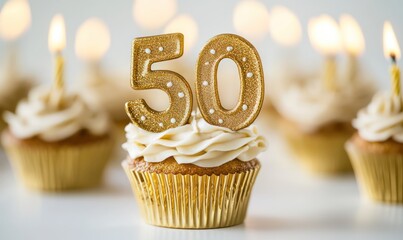 50th birthday or anniversary cupcake, golden candles, white.