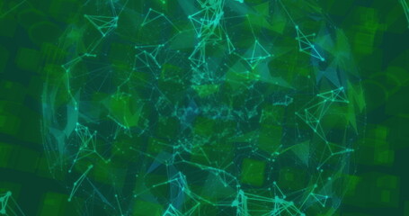Image of networks of connections spinning over glowing globe on green background