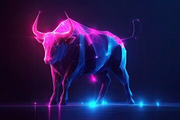 A neon-inspired polygonal bull silhouette with sharp angular shapes and a techy futuristic glow.