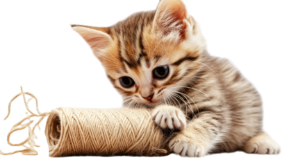 A small kitten playing with a roll of yarn on a transparent background