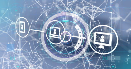 Digital icons and network of connections against round scanner on blue background