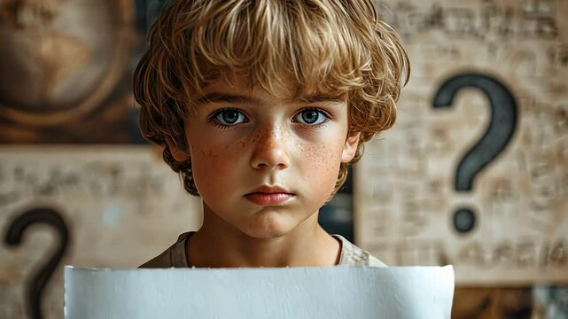 Curious boy with thoughtful expression holds paper, gazing intriguing question marks and vintage maps, inviting childlike wonder.
