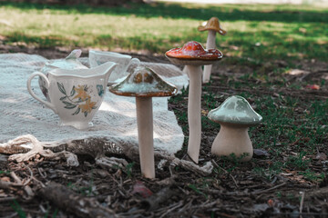 Floral Tea Set for a  Spring Tea Party with Mushrooms