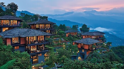 Luxurious mountain resort nestled in the hills.  Serene, modern structures with a natural aesthetic