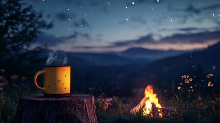 102.A calming image of a yellow mug filled with a hot drink, placed on a wooden stump near a bonfire under the night sky, the surrounding nature and crackling fire adding to the peaceful ambiance.