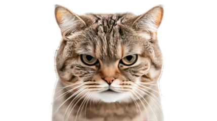A cat looking grumpy with ears slightly tilted back on a transparent background