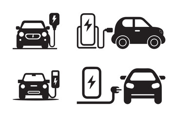 Electric Vehicle Charging Icons. EV, Battery, Plug in Car Silhouettes
