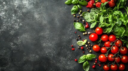 Vibrant Tomatoes and Basil on Dark Background